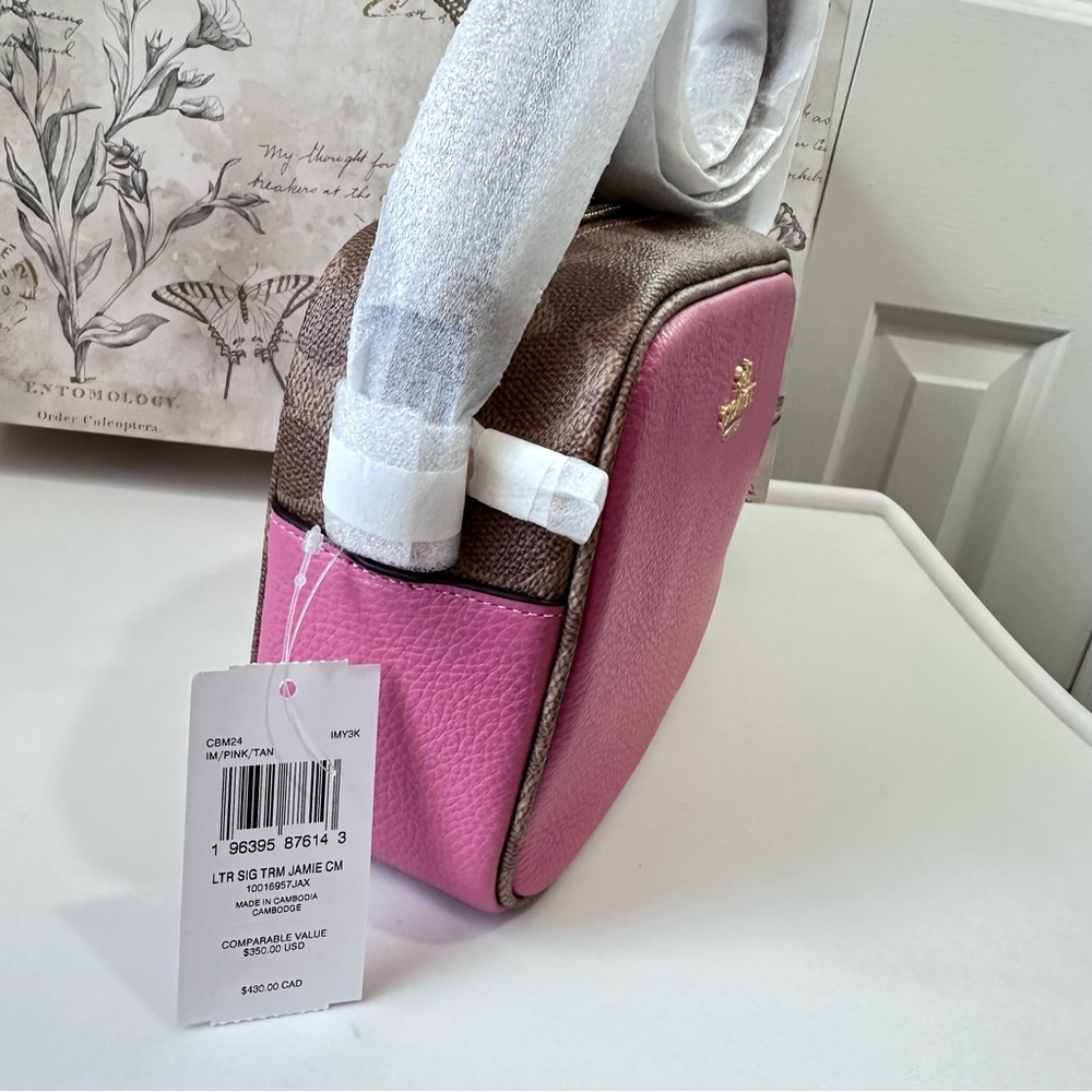 Coach Jamie Pink Tan Leather Crossbody Camera Bag CBM24 Signature Trim Print - Picture 7 of 16
